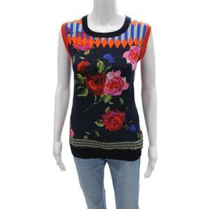 Maison Common Women Dark Blue Floral Striped Silk Cashmere Tank Size 40